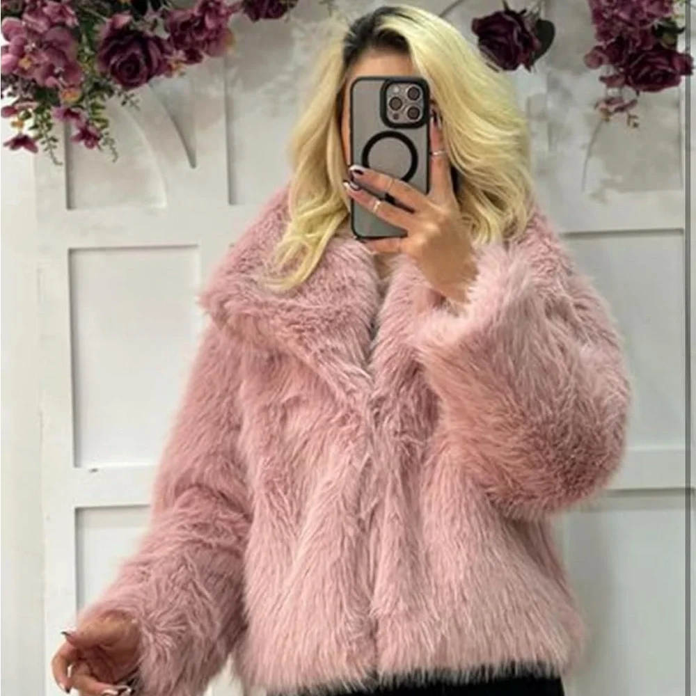 Women's Pink Faux Fur Jacket shaggy faux fur coat